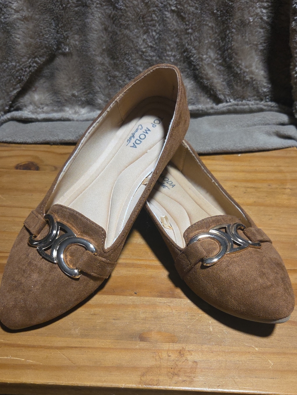 TOP Moda Brown Suede Pointed Toe Flats with Gold Chain Detail